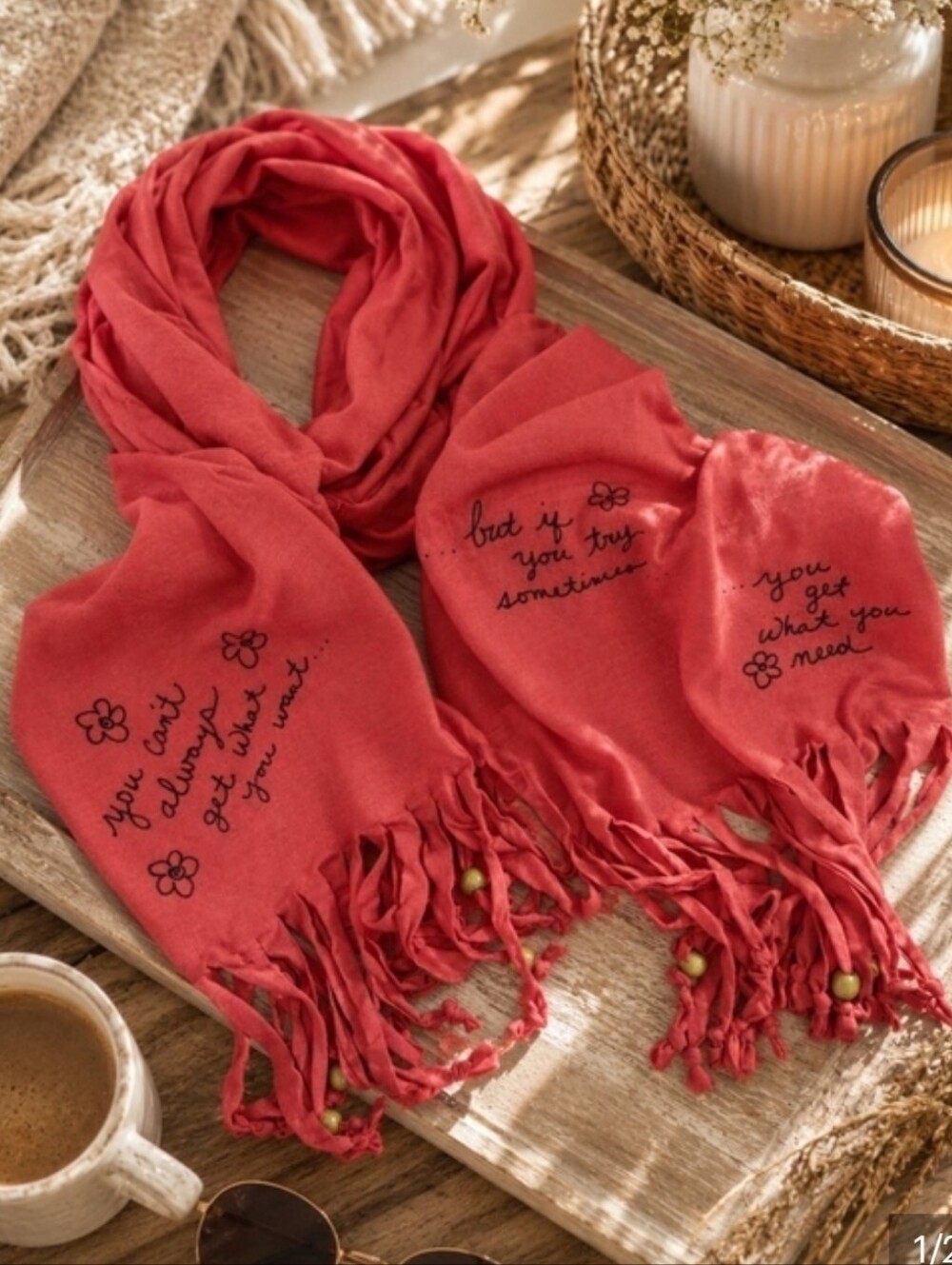 NATURAL LIFE  ! LAST ONE! Beaded Fringe Scarf, SONG LYRICS Boho, Soft, Christmas